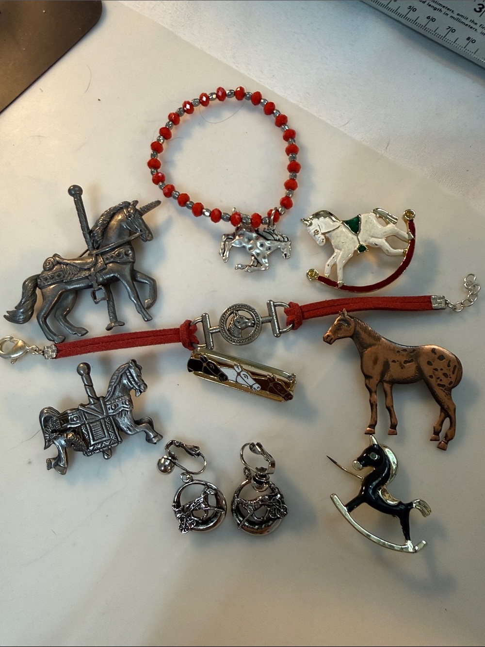 Horse Jewelry Lot - Red Beaded Bracelet & Assorted Horse Charms buy one buy all!